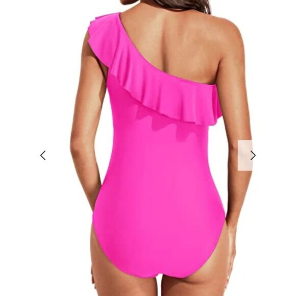 Tempt Me Womens Asymmetrical Neckline One Shoulder Ruffle Swimsuit Hot Pink Sz S - Picture 2 of 11